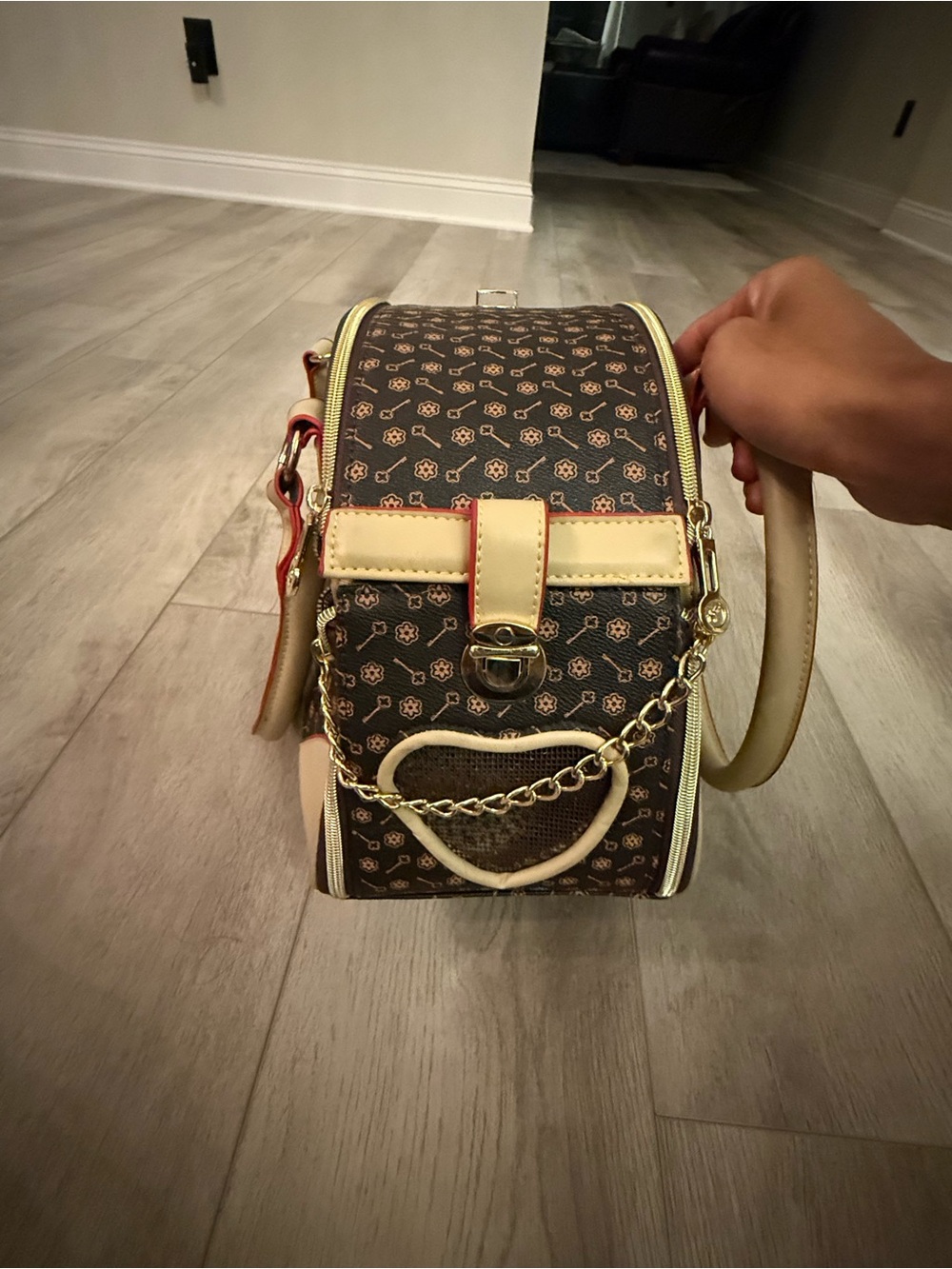 Brown Monogram Dog Pet Carrier Purse Gold Chain Travel Bag